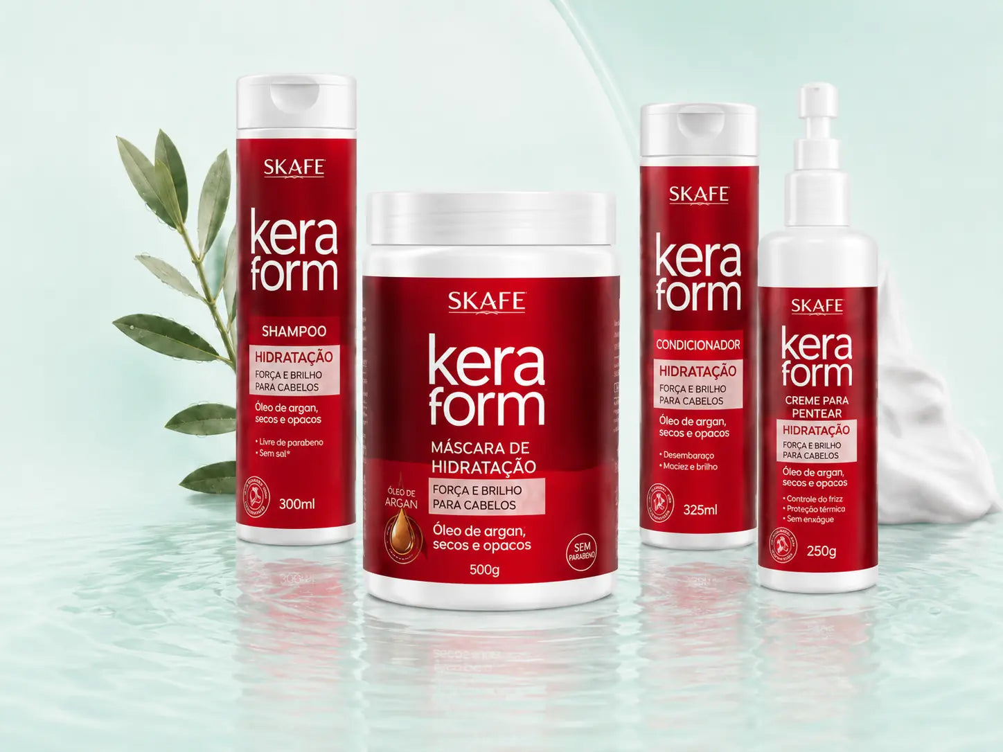 Linha Keraform Óleo de Argan: shampoo, máscara de hidratação, condicionador e creme para pentear.