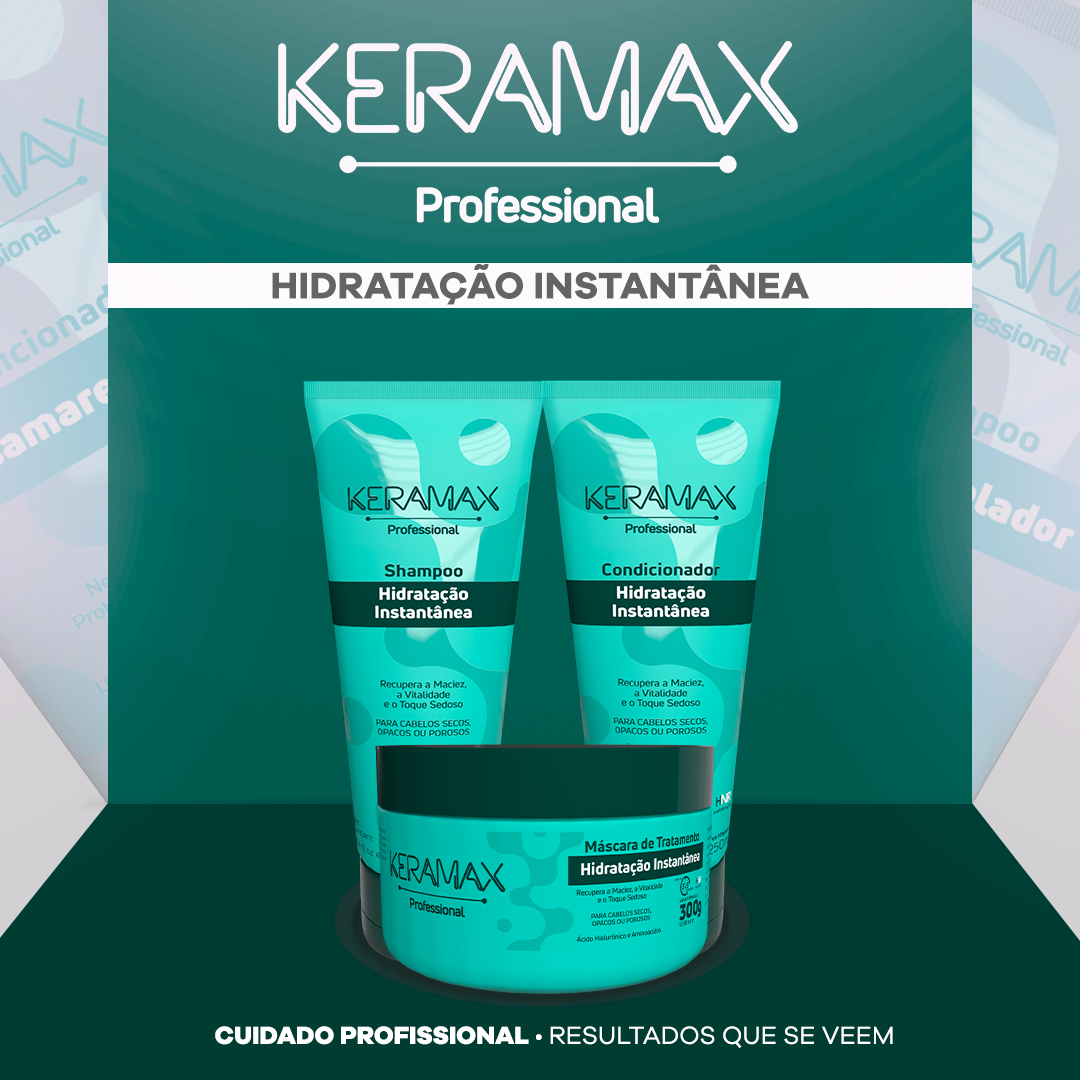 Linha Keramax Expert: óleo de argan, máscara de reconstrução e cremes para cabelos danificados.