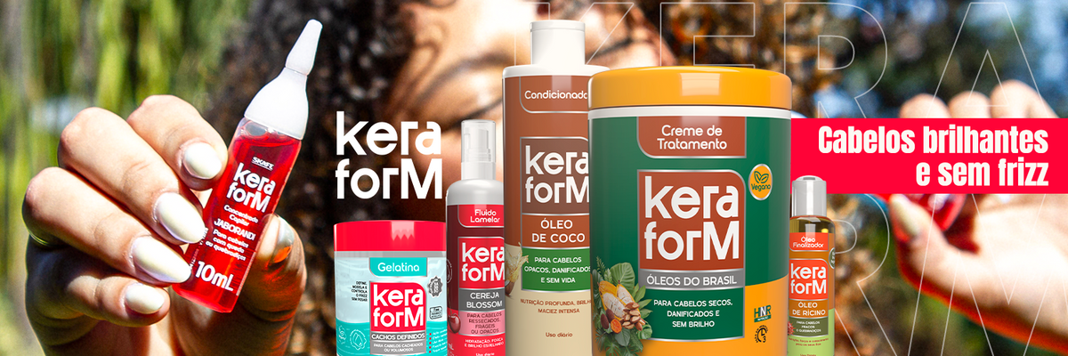 Banner da linha Keraform com produtos para tratamento capilar, incluindo creme de tratamento, condicionador, gelatina, fluido lamelar e óleos finalizadores. À esquerda, uma mão segura uma ampola Keraform de 10 ml. Ao fundo, uma mulher com cabelos cacheados, acompanhada da mensagem “Cabelos brilhantes e sem frizz”.