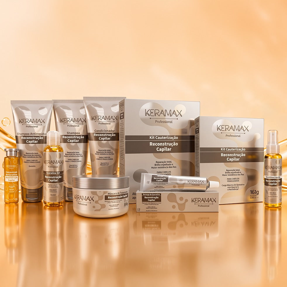 Linha Keramax Expert: óleo de argan, máscara de reconstrução e cremes para cabelos danificados.