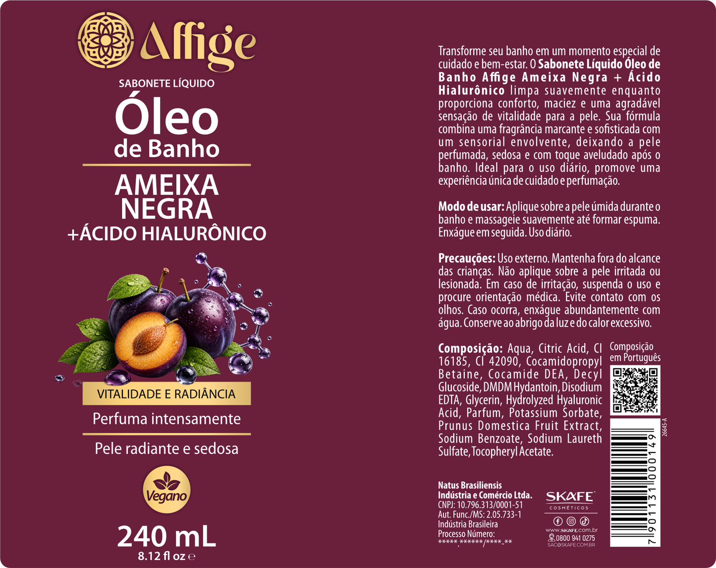 Rótulo do Óleo de Banho Ameixa Negra + Ácido Hialurônico Affige 240ml