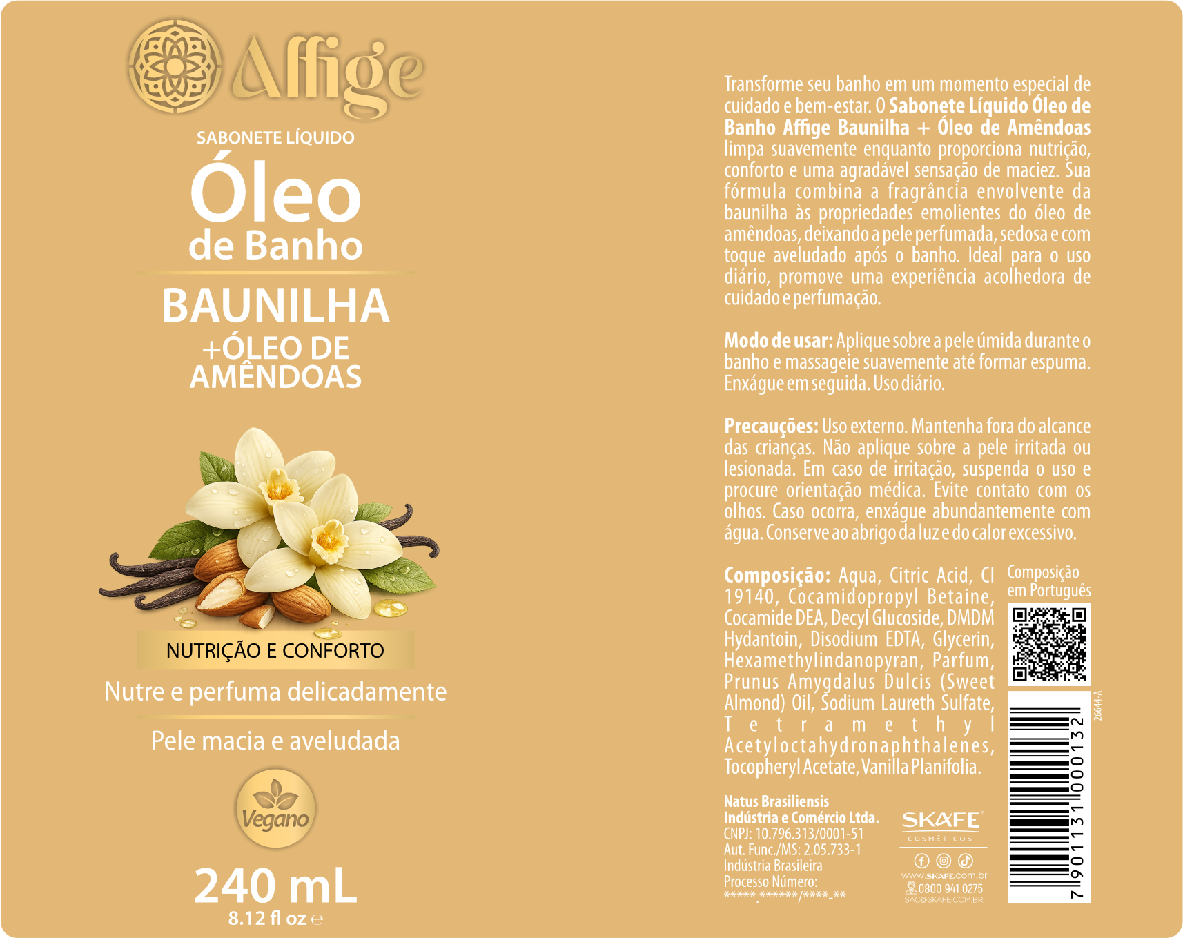Rótulo do Óleo de Banho Baunilha + Óleo de Amêndoas Affige 240ml