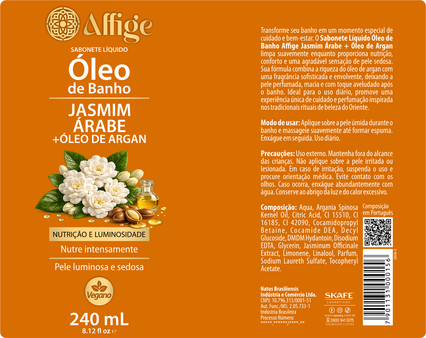 Rótulo do Óleo de Banho Jasmim Árabe + Óleo de Argan Affige 240ml