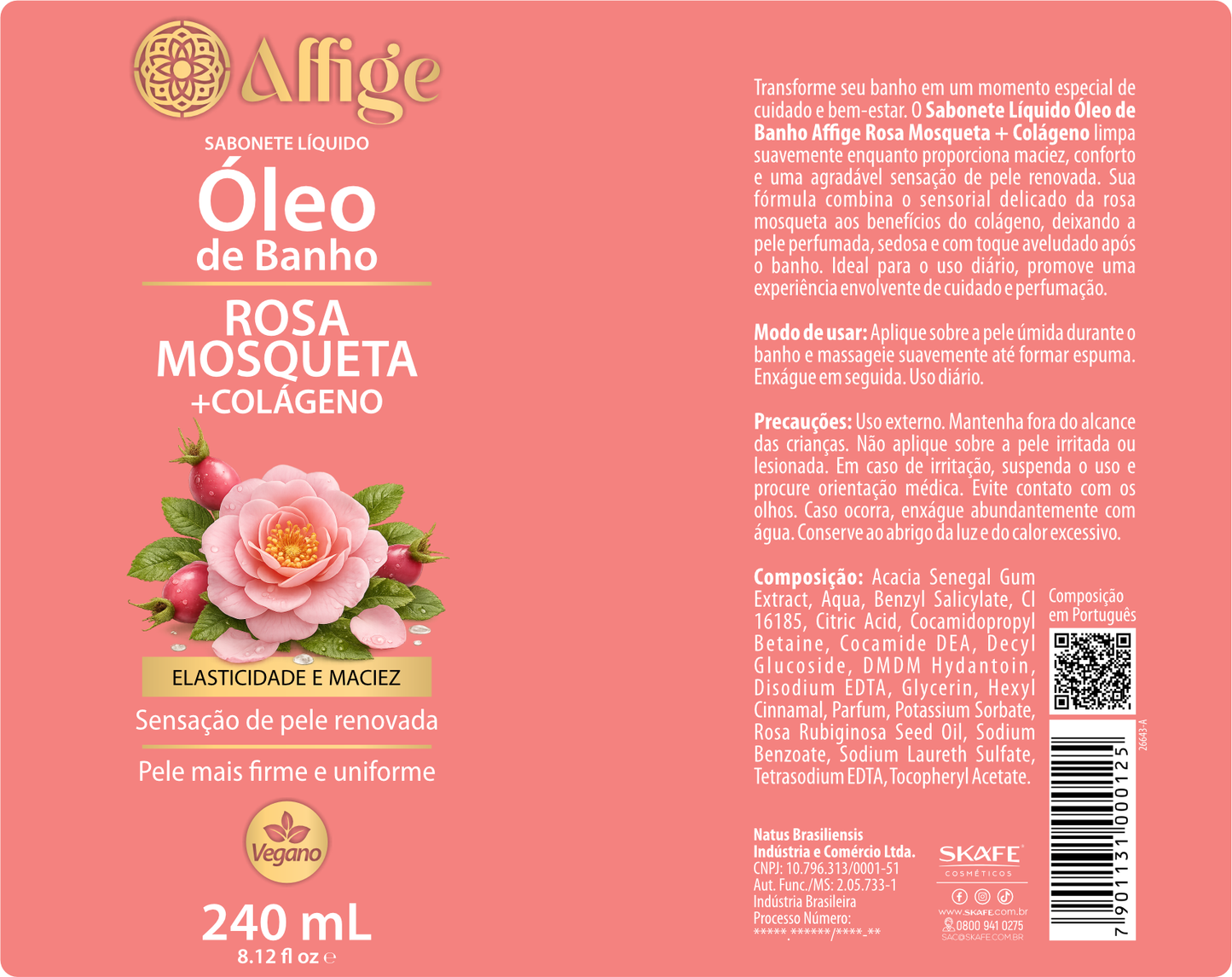 Rótulo do Óleo de Banho Rosa Mosqueta + Colágeno Affige 240ml