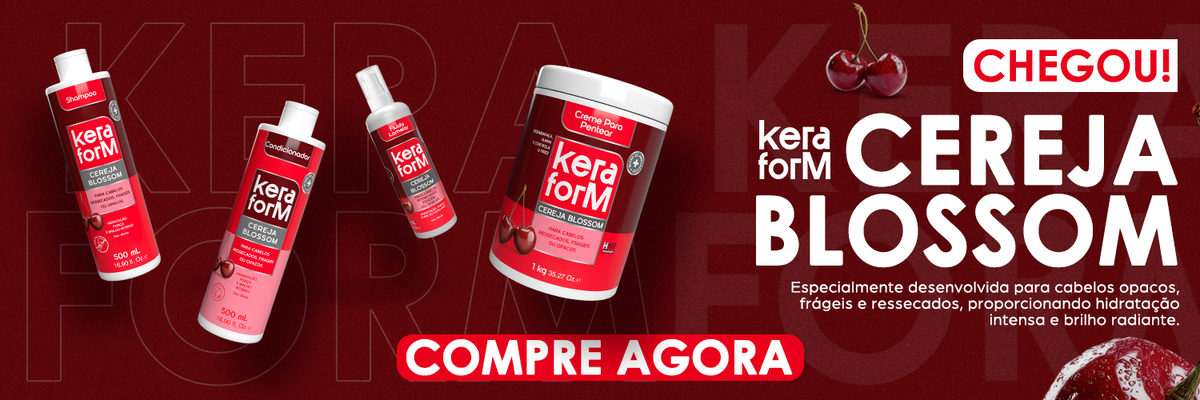 Banner da linha Keraform com produtos para tratamento capilar, incluindo creme de pentear, condicionador, fluido lamelar e  Produtos soltos ao ar escrito cereja blossom com figuras de cereja e descrição de compre agora.