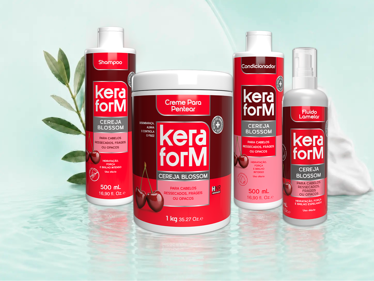 Model with curly hair holding Keraform Coconut Oil products.